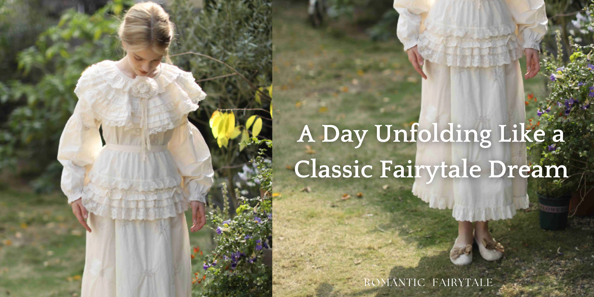 Romantic vintage-style woman in a frilly ivory lace dress standing in a flower garden, evoking a classic fairytale atmosphere with soft natural light and dreamy mood