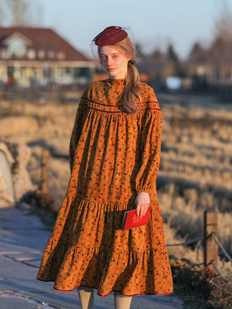Vintage Golden Floral Corduroy Dress