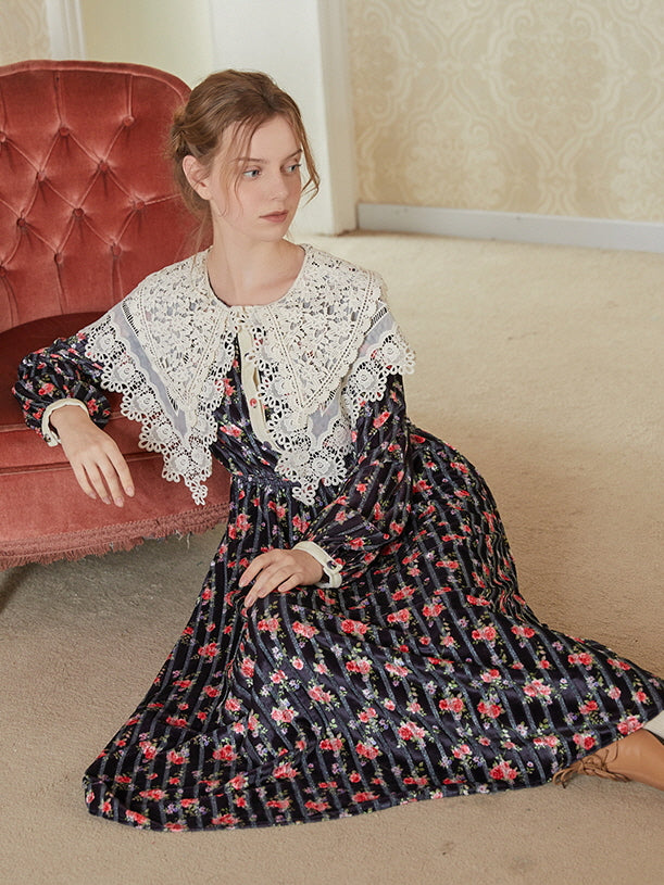 Velvet Rose Lace Collar Cottagecore Dress