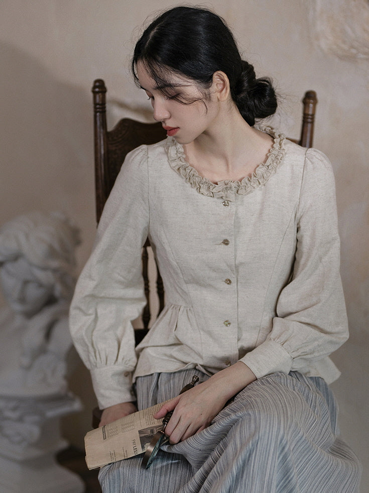 Ruffled Collar Linen Peplum Blouse