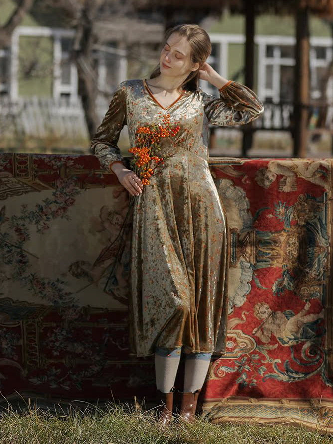 Golden Velvet Floral Dress