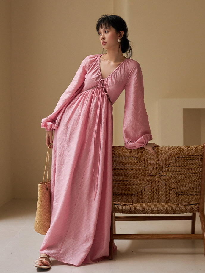 lyocell maxi dress Flowing Lyocell Maxi Dress - Lace Details & Balloon Sleeves