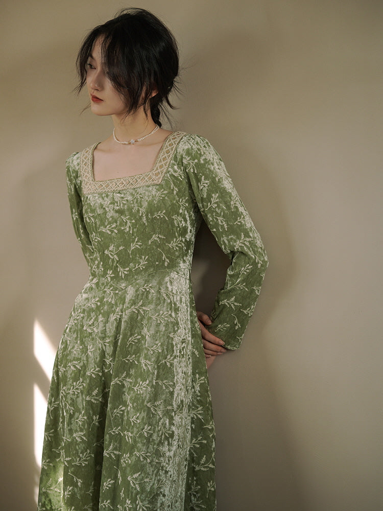 Green Velvet Embroidered Dress - Square Neckline | Lace Trim - Vintage Aesthetic Green Velvet Embroidered Dress - Square Neckline | Lace Trim - Vintage Aesthetic