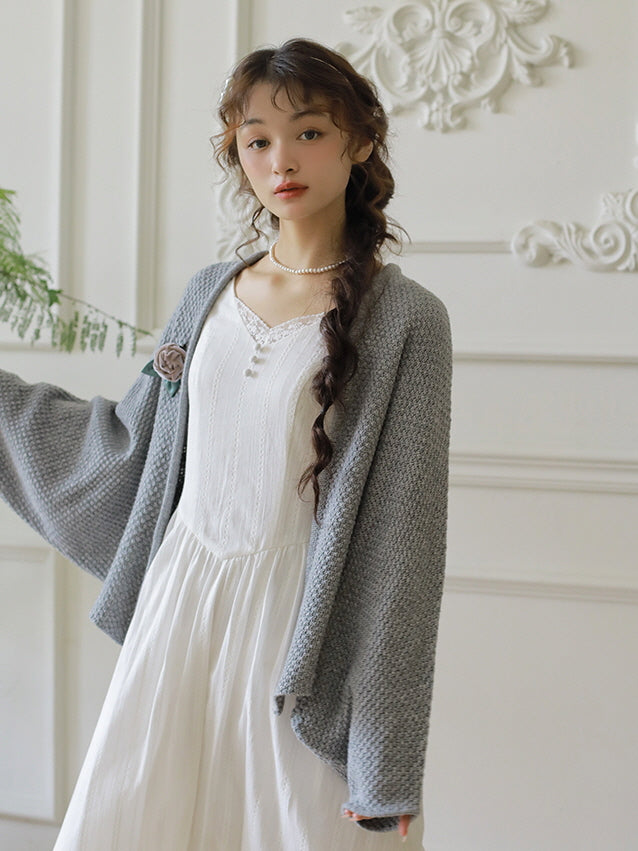 Floral Brooch Wool Blend Knit Cardigan