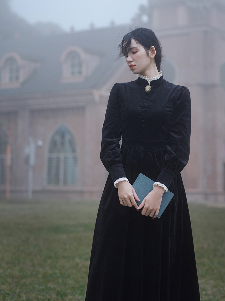 Victorian Lace Black Velvet Dress