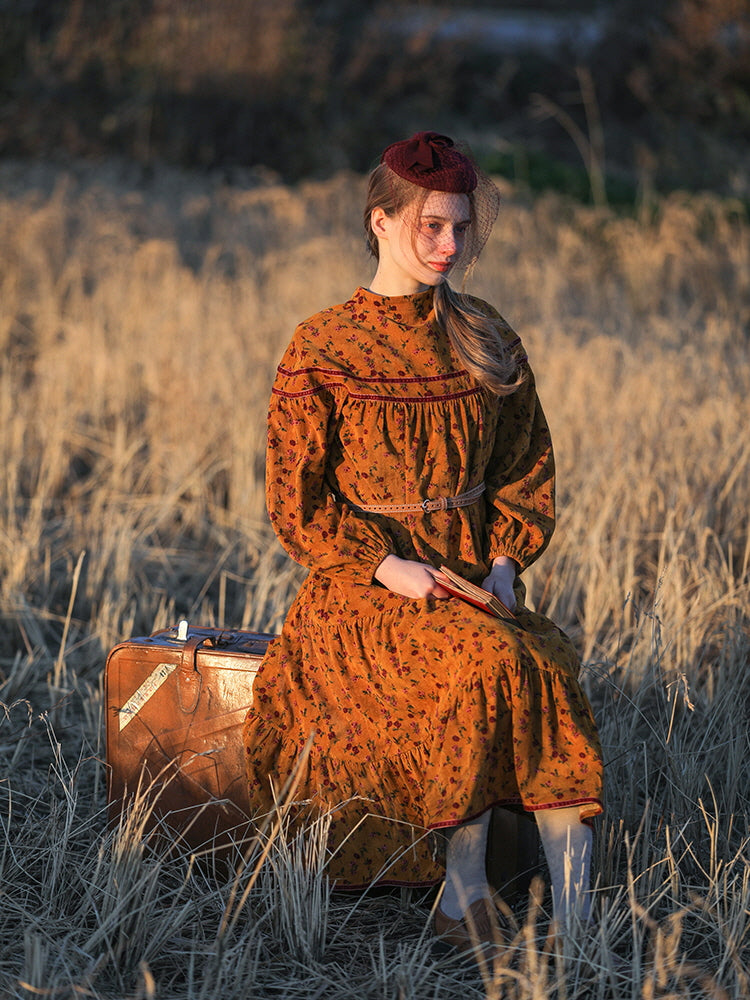Vintage Golden Floral Corduroy Dress