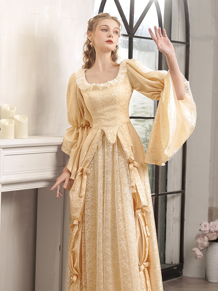 Soft Yellow Vintage Lace Puff Sleeves Dress