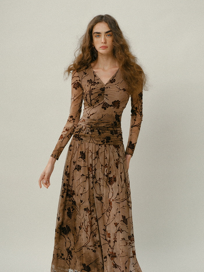 Brown Bloom Vintage Mesh Dress