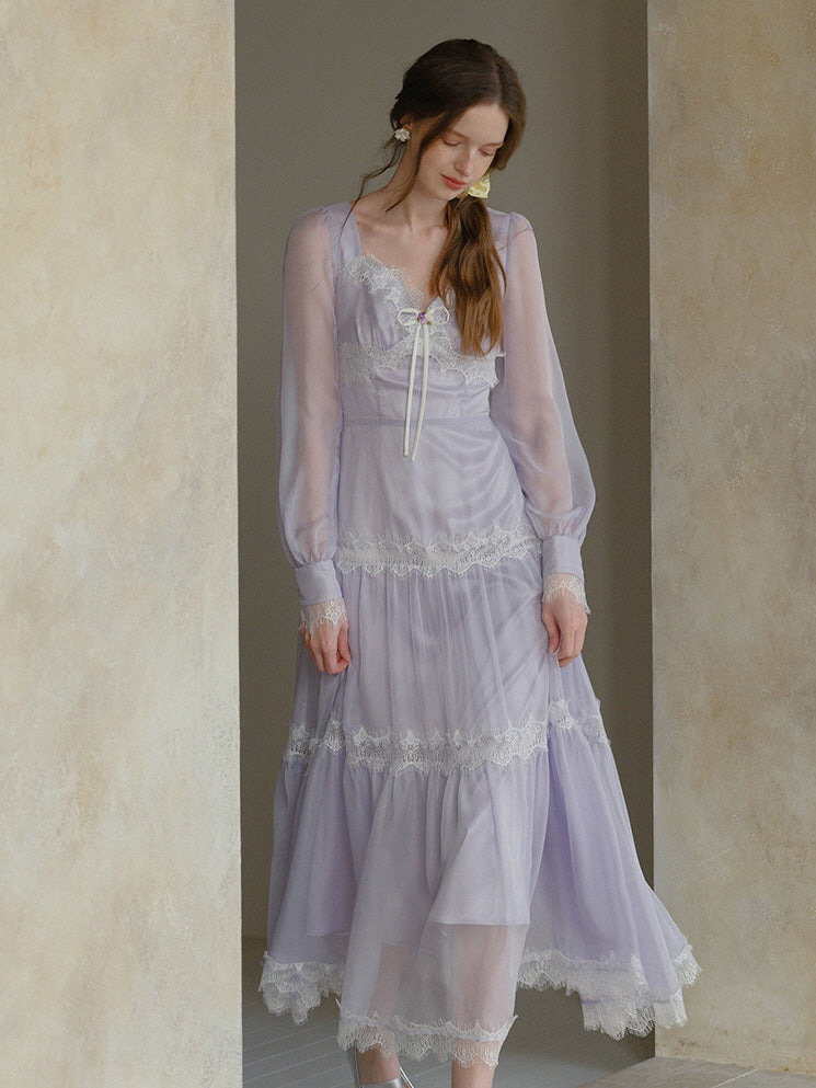Lavender Chiffon Lace Tiered Dress – Fairycore Ribbon Summer Aesthetic Outfit Purple / M