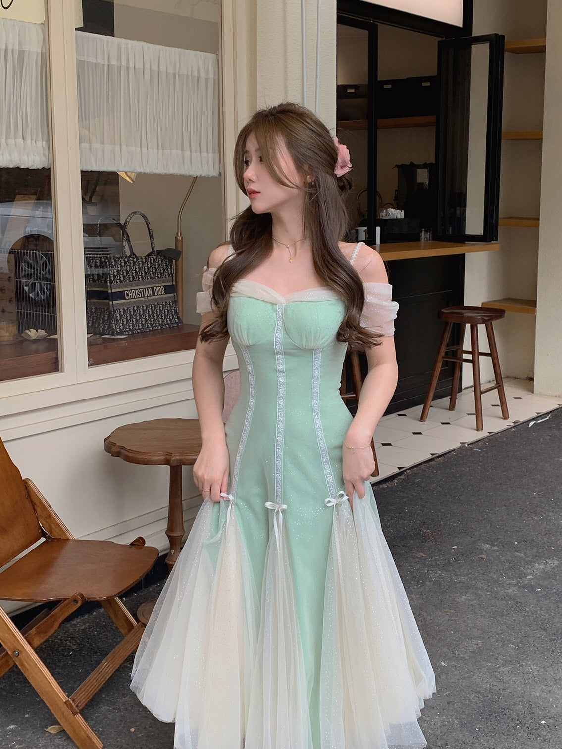 Evelyn's Mint Princess Slit Mesh Dress