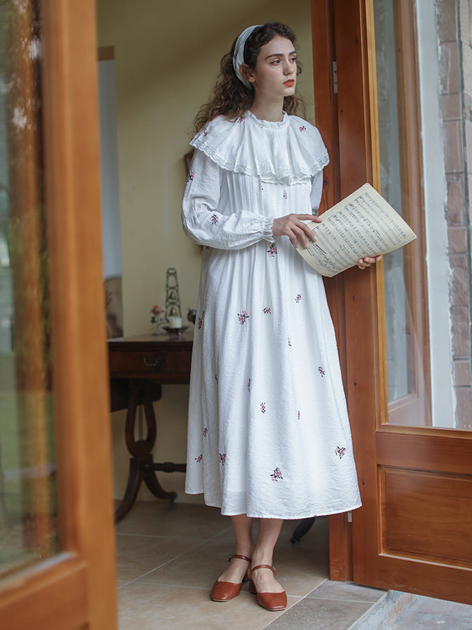 Floral Embroidery Vintage Ruffled Cotton Dress