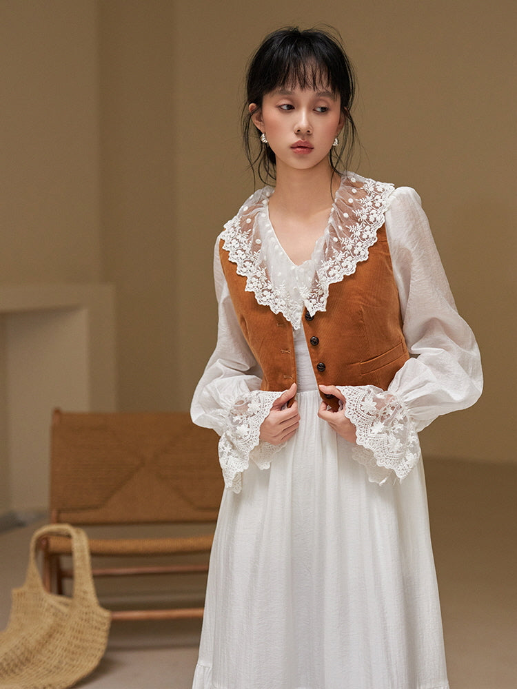 lace dress collar White Lace Collar Dress & Vest Set