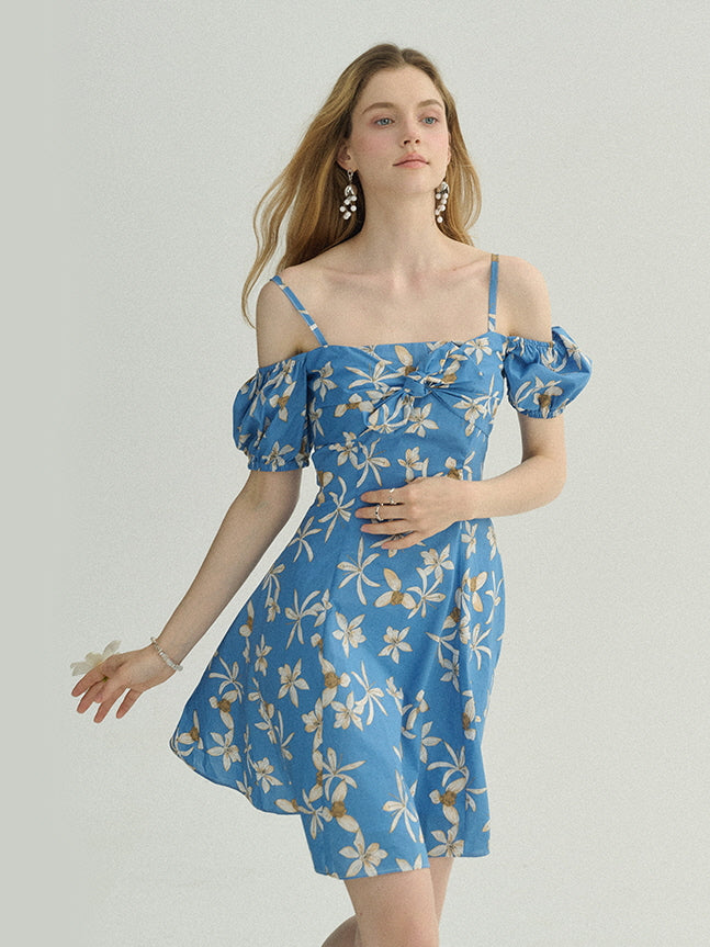 Off-Shoulder Floral Blue Summer Dress - Coquette Aesthetic Outfit Blue / S Off-Shoulder Floral Blue Summer Dress - Coquette Aesthetic Outfit Blue / S