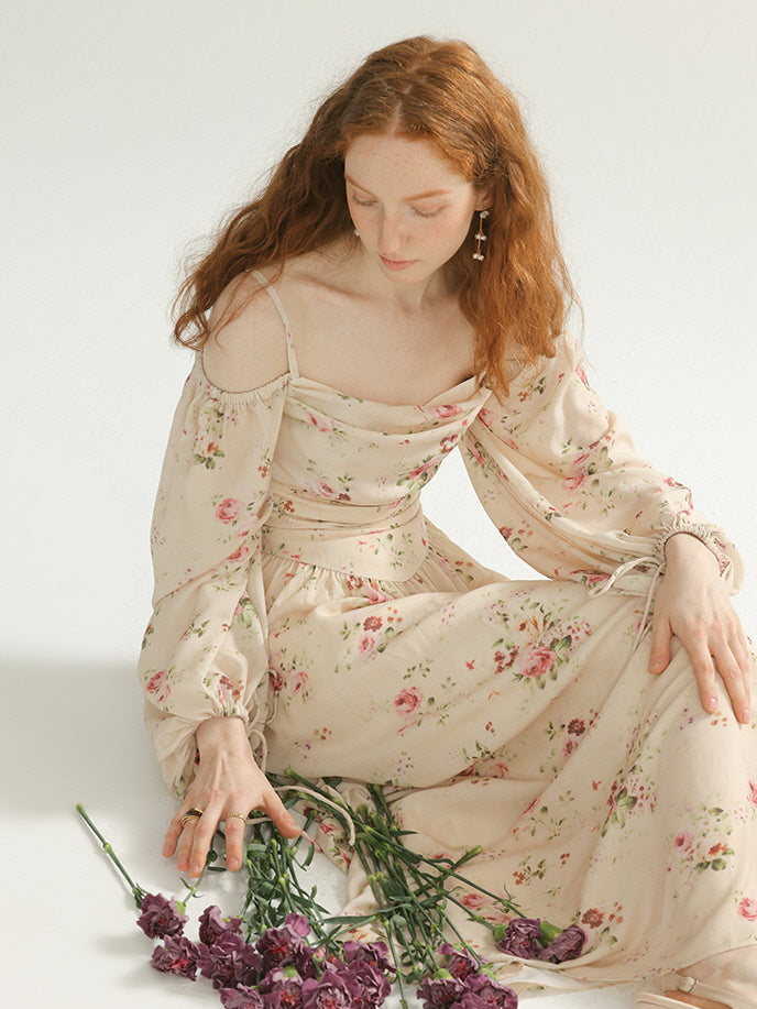 Vintage Rose Garden Off-Shoulder Dress