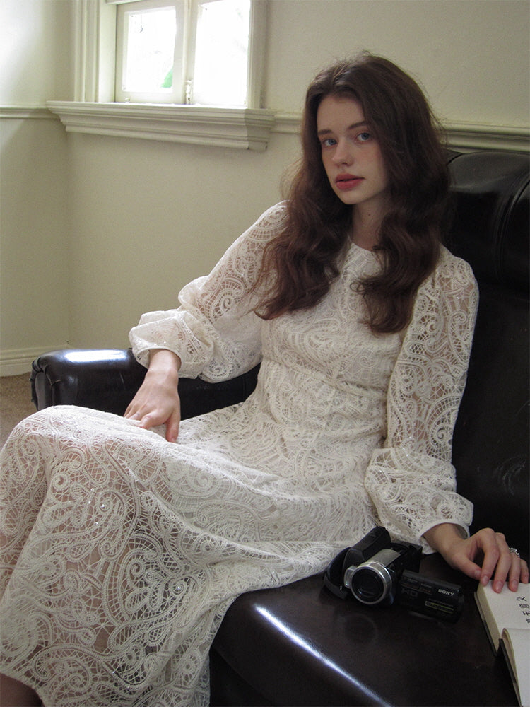 White Lace Long Sleeve Dress