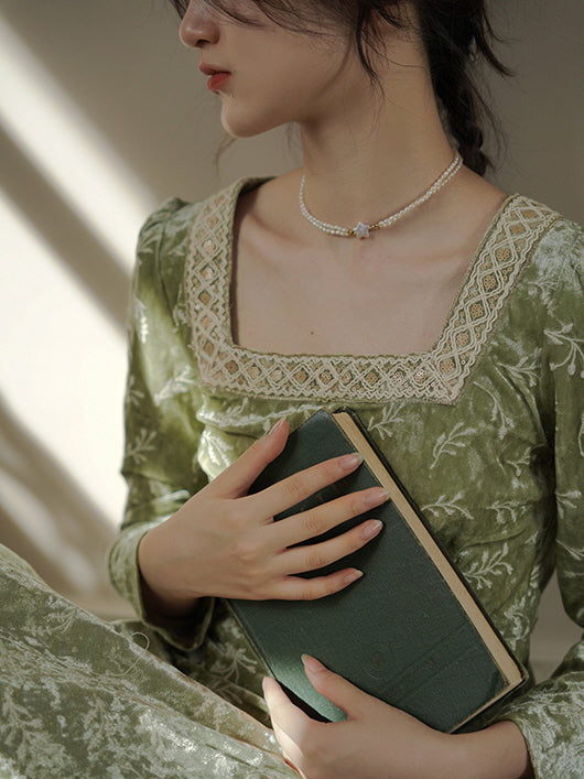 Vintage Green Velvet Embroidered Dress