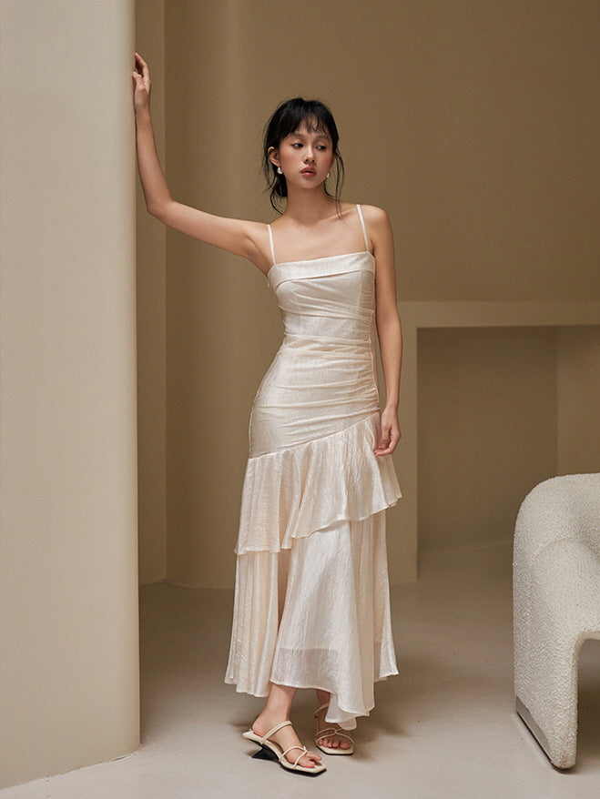 Off Shoulder Ruffle Slip Dress - Princesscore Aesthetic Outfit Ivory / S Off Shoulder Ruffle Slip Dress - Princesscore Aesthetic Outfit Ivory / S