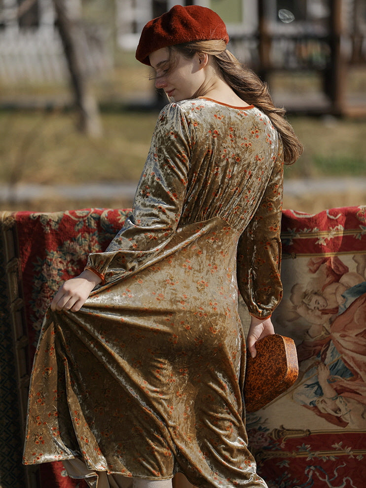 Elegant Autumn Vintage Velvet Floral Dress