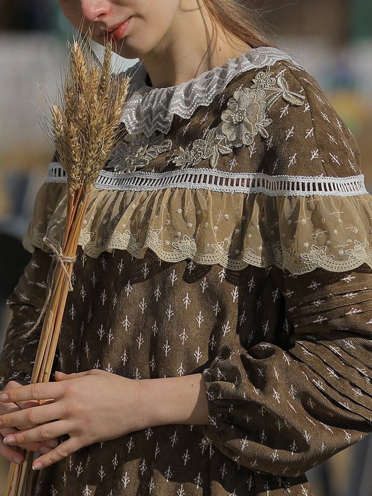 Vintage Floral Brown Corduroy Dress