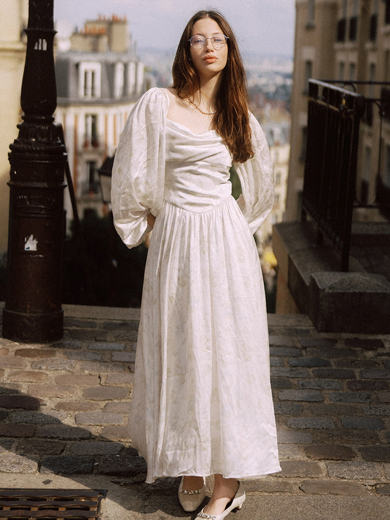 Soft Floral Puff-Sleeve White Dress – Princesscore Aesthetic Outfit White / S Soft Floral Puff-Sleeve White Dress – Princesscore Aesthetic Outfit White / S