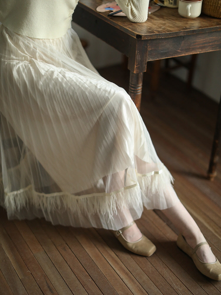 Dreamy Feather-Trim Pleated Skirt