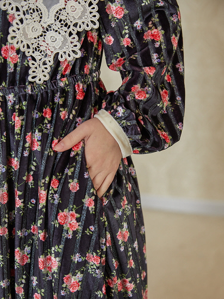 Velvet Rose Lace Collar Cottagecore Dress