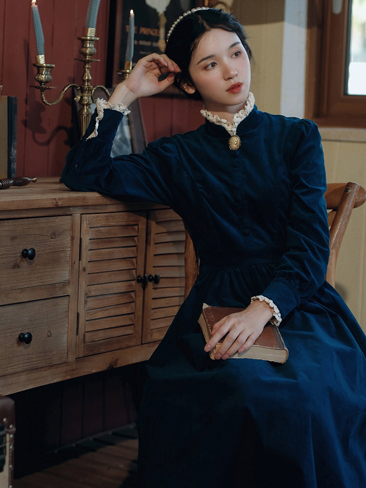 Navy Velvet Victorian Dress - Lace Trim | Puff Sleeves