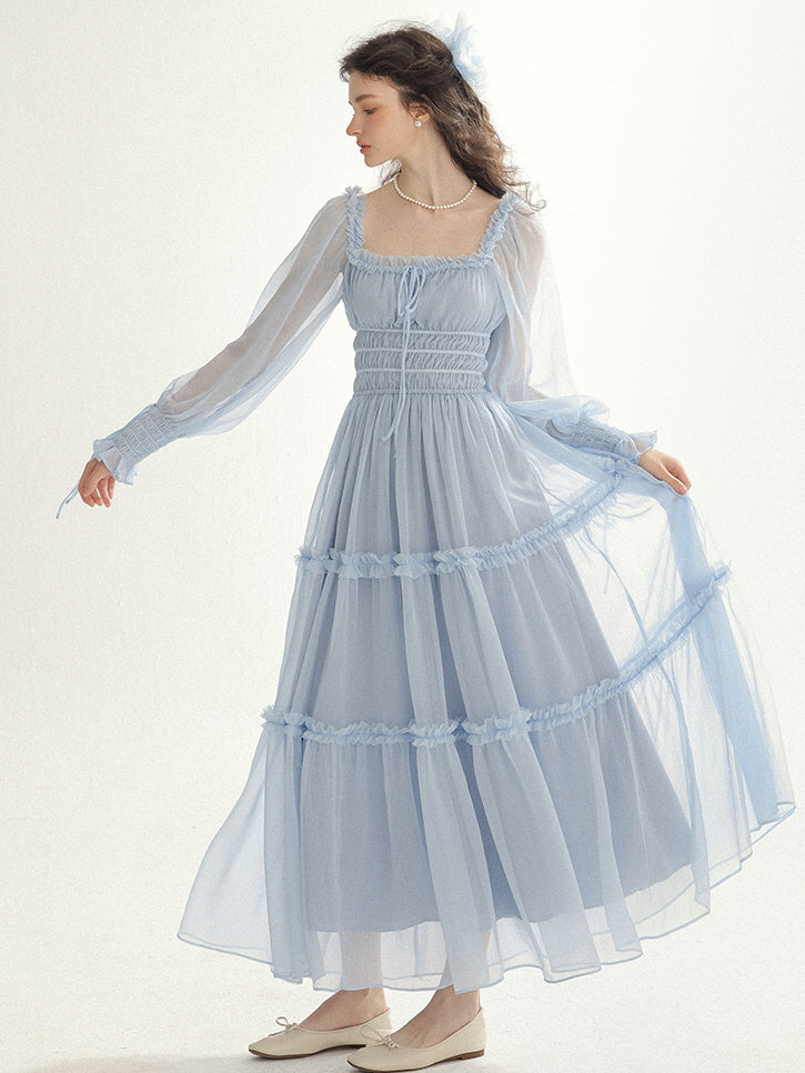 Light Blue Ruffle Long Sleeve Spring Summer Dress Fairycore Aesthetic Outfit Light Blue / S Light Blue Ruffle Long Sleeve Spring Summer Dress Fairycore Aesthetic Outfit Light Blue / S
