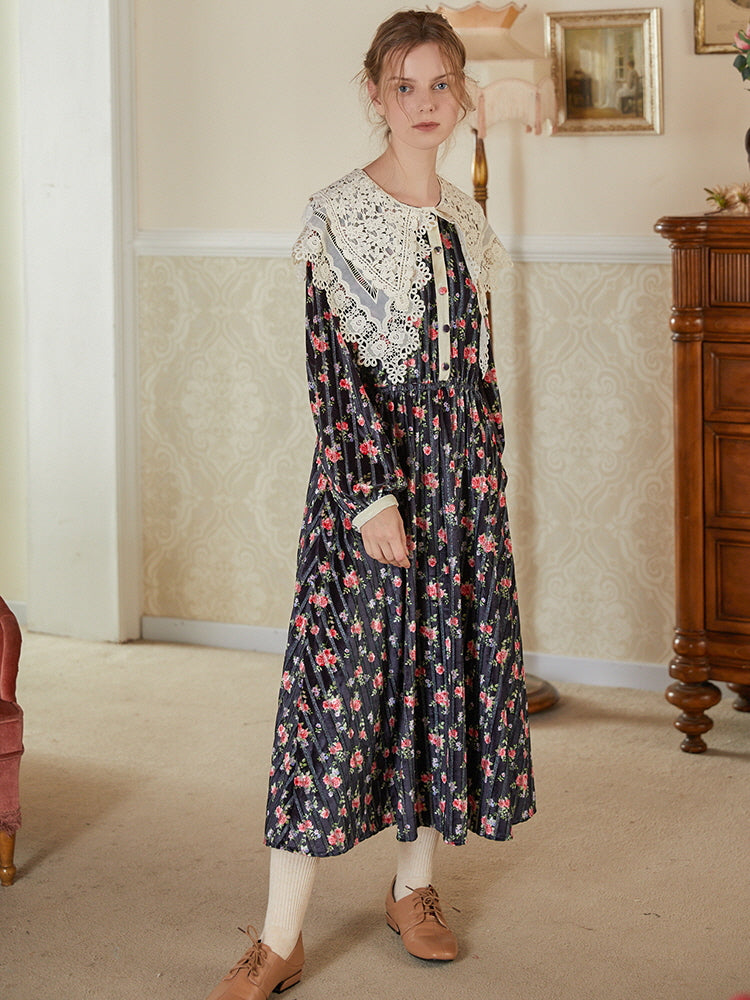 Velvet Rose Lace Collar Cottagecore Dress