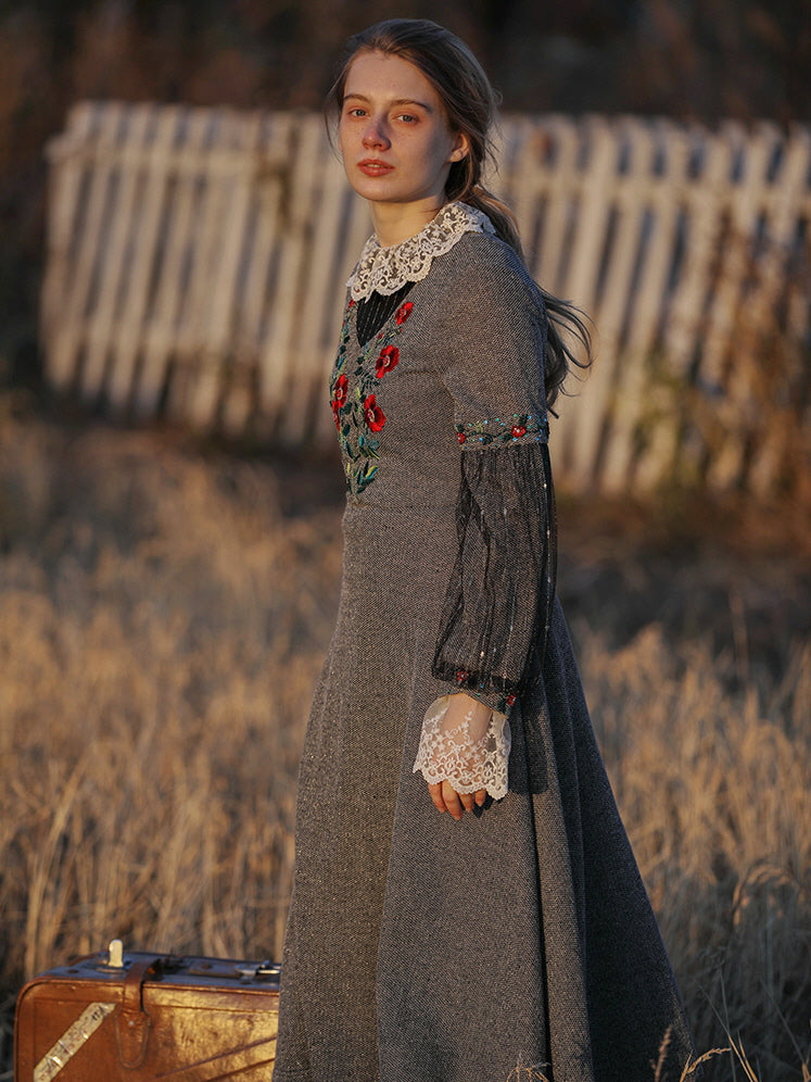 Embroidered Floral Lace Vintage Dress