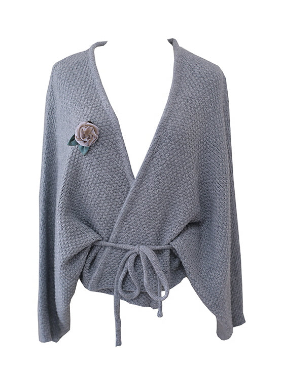 Floral Brooch Wool Blend Knit Cardigan