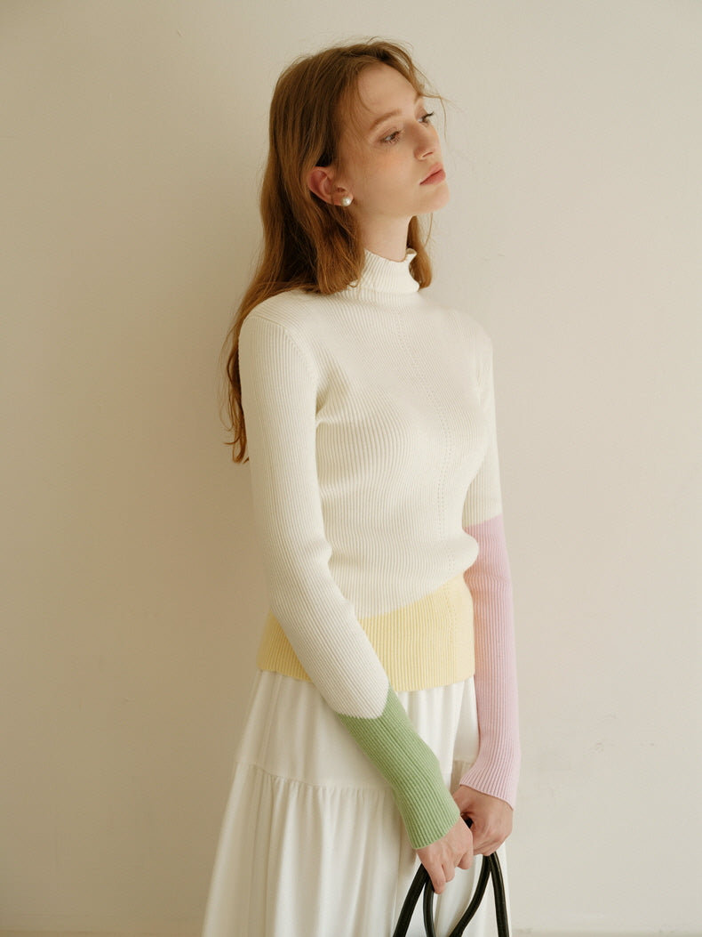 Pastel Color-Block High Neck Sweater
