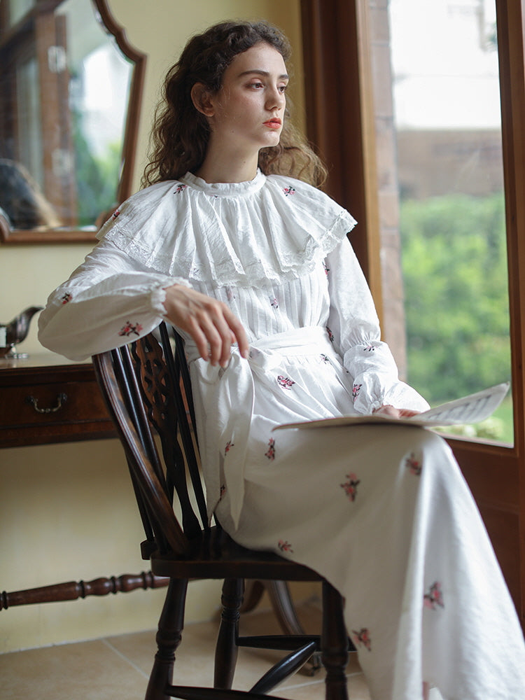 Floral Embroidery Vintage Ruffled Cotton Dress