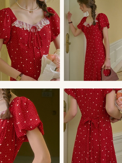 Close-up collage showing the neckline lace, puff sleeves, ribbon waist, and feminine silhouette of a romantic red retro dress, perfect for vintage summer outfits.