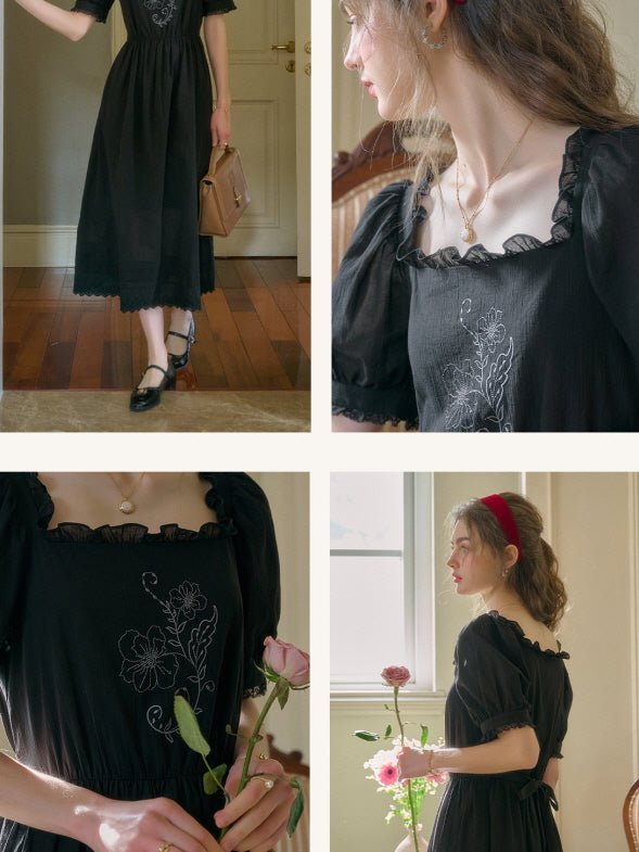 A collage of a woman wearing a retro vintage black dress with floral embroidery, posing with a brown handbag and a pink rose in an elegant room, showcasing full-body and close-up shots from different angles
