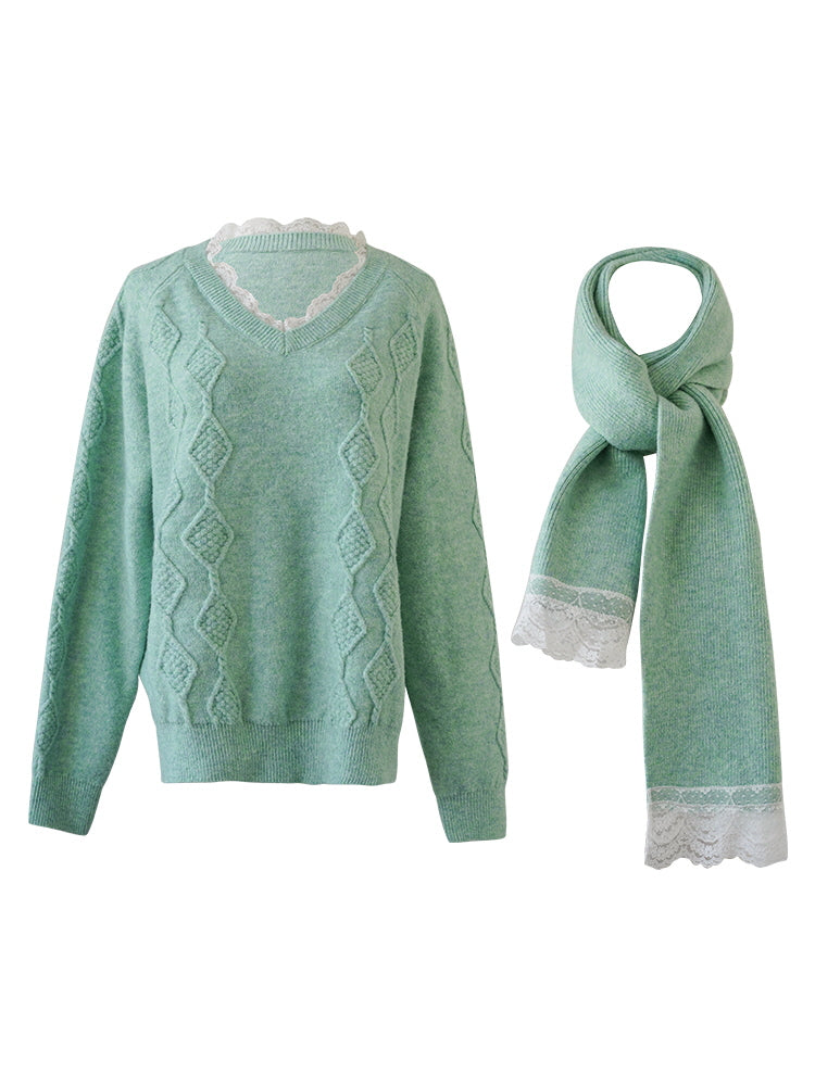 Pastel Lace-Trim Knit Sweater & Scarf