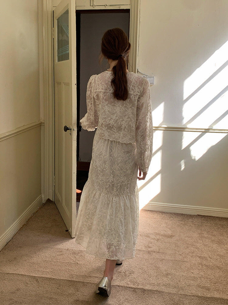 Vintage Floral Embroidered Top & Skirt