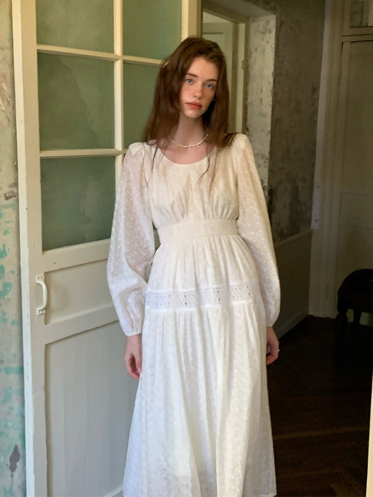 White Lace Embroidered Long Sleeve Dress