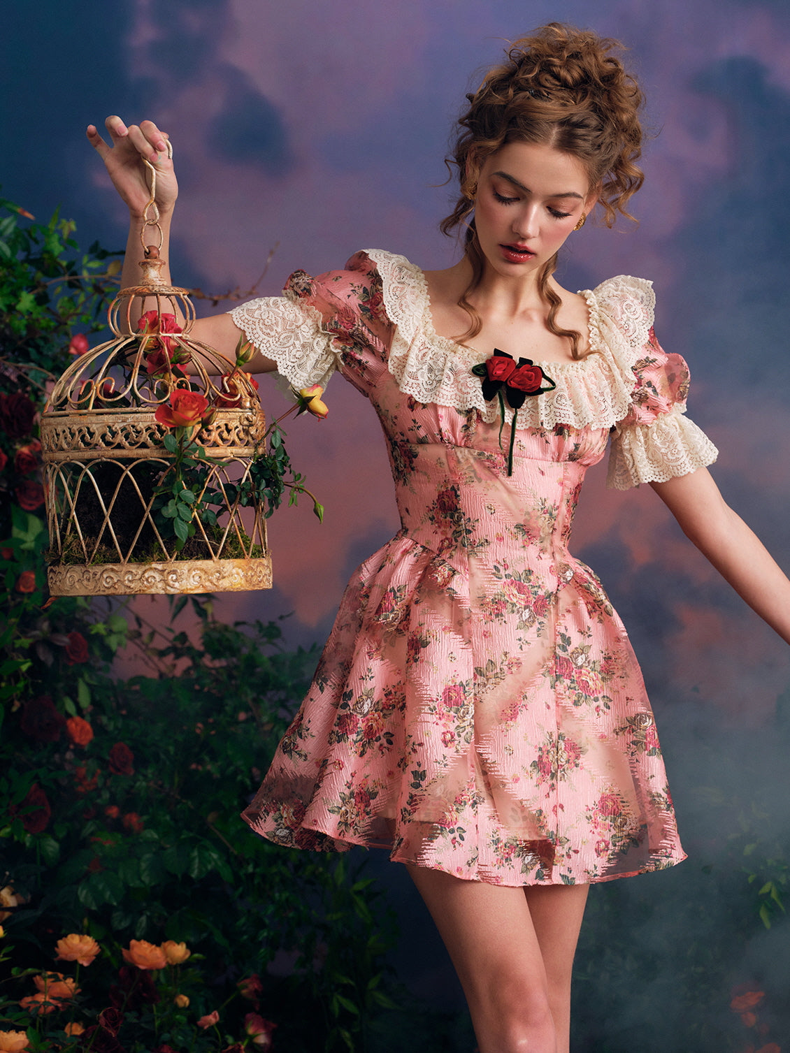 Mini Floral Dress with Ivory Lace & Rose Brooch Vintage Aesthetic Outfit Mini Floral Dress with Ivory Lace & Rose Brooch Vintage Aesthetic Outfit