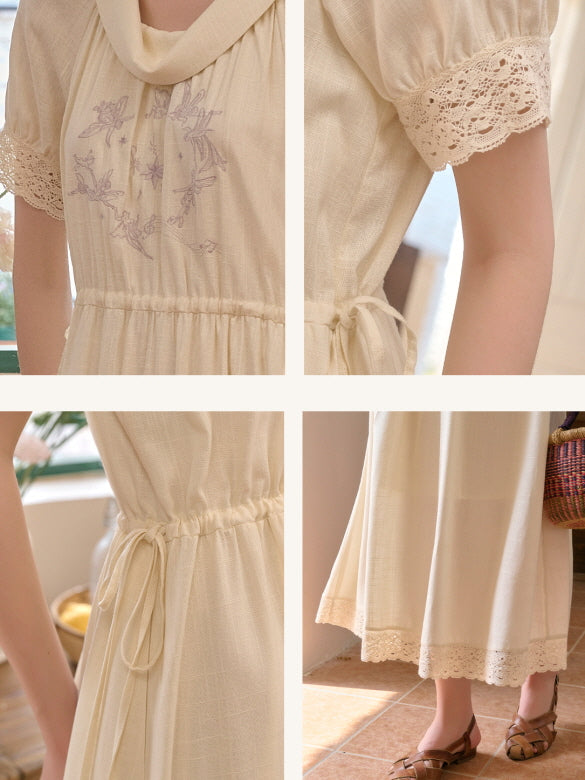 Details of a cottagecore vintage dress with delicate lace sleeves, a cinched waist, embroidered bodice, and lace-trimmed hem, capturing a soft retro aesthetic.