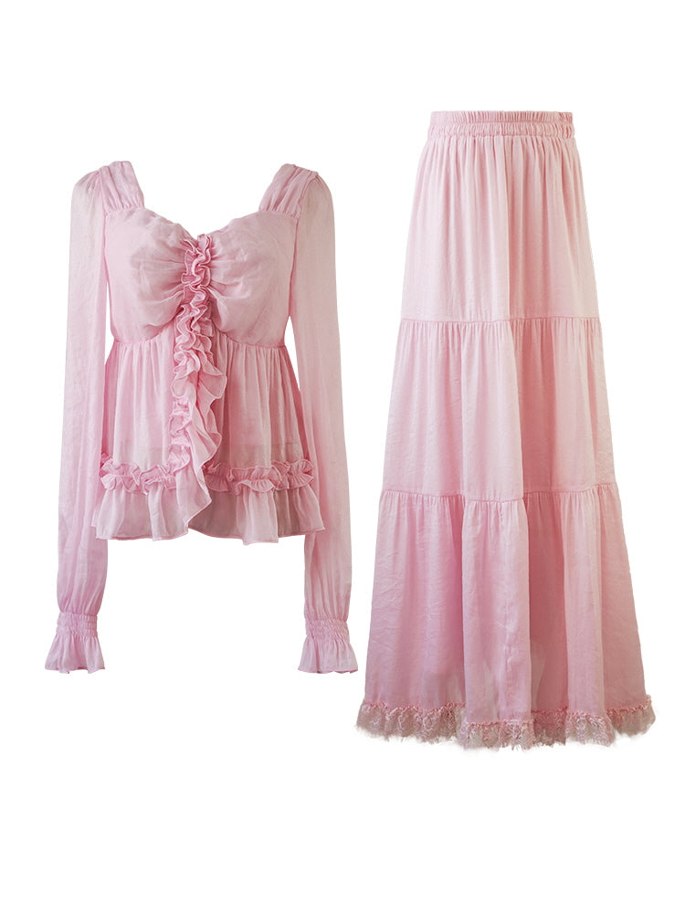 Rosy Frill Long Sleeve Top & Tiered Lace Skirt