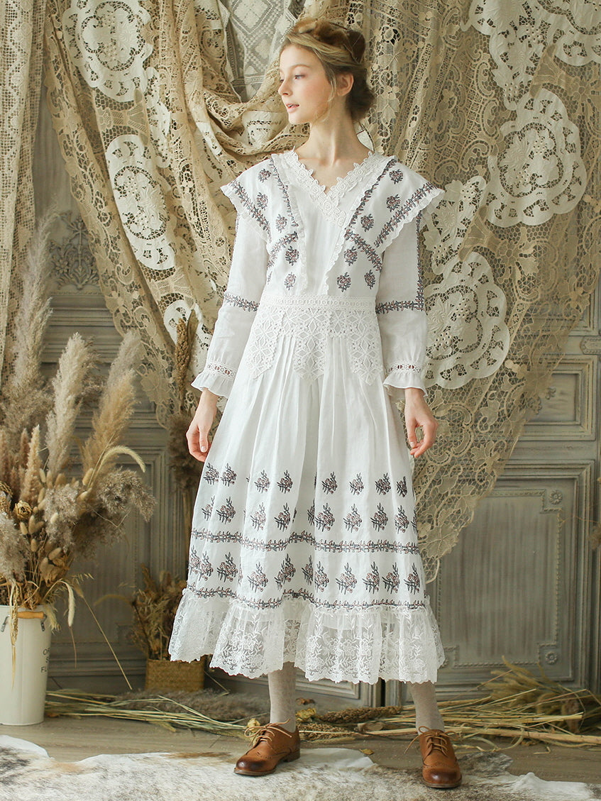 Victorian Floral Embroidered White Dress - Vintage Aesthetic Outfit White / S Victorian Floral Embroidered White Dress - Vintage Aesthetic Outfit White / S
