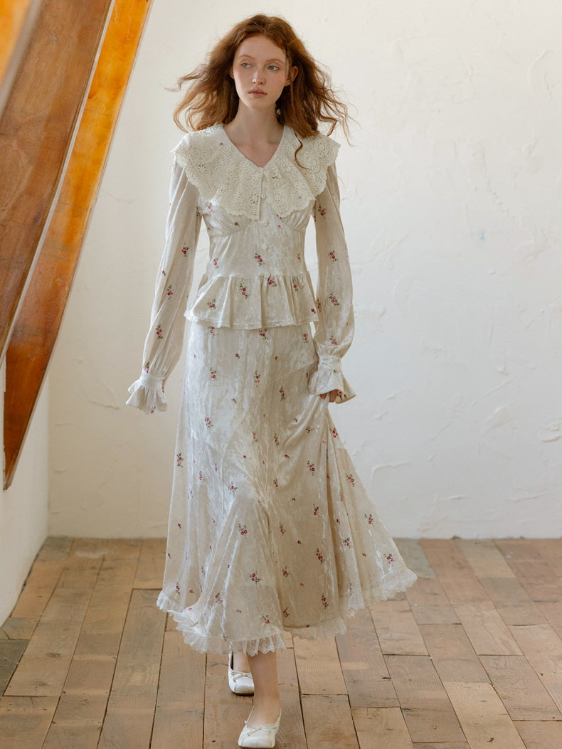 Vintage Floral Velvet Peplum Top