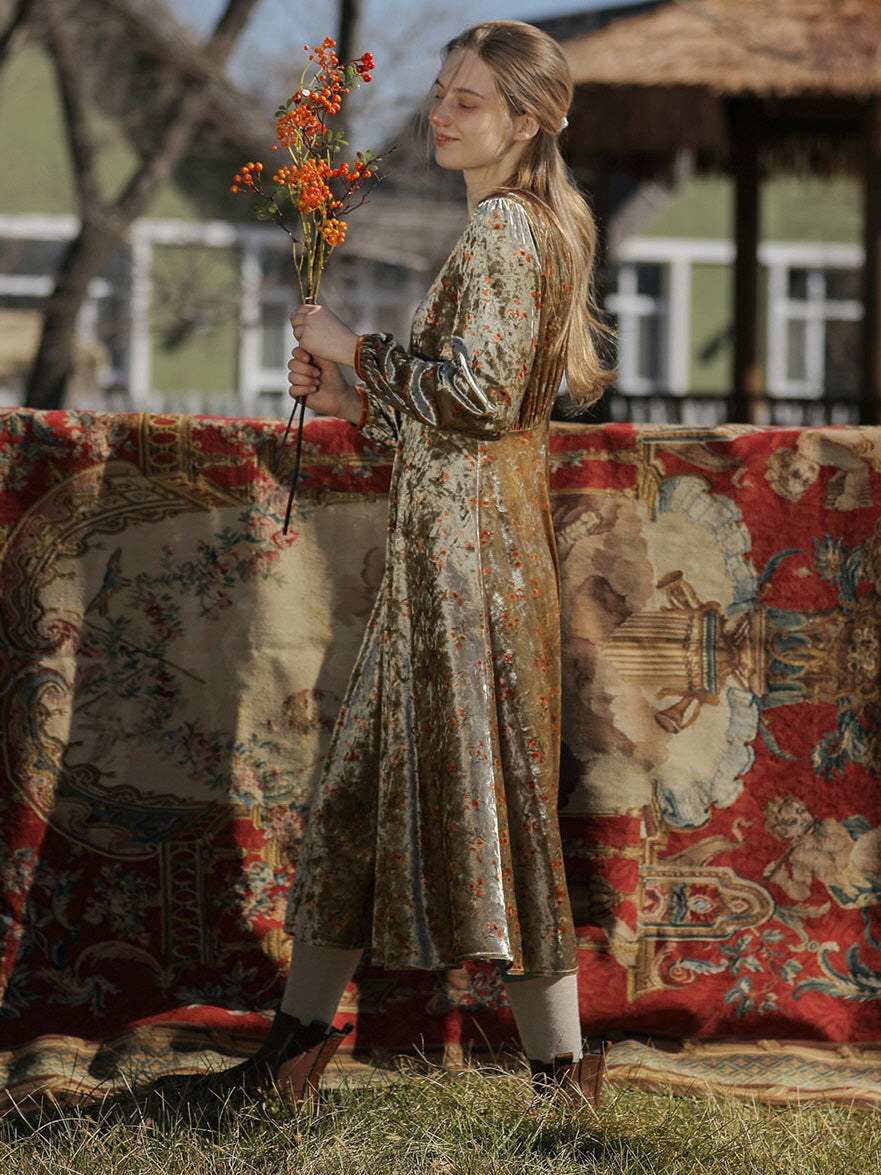 Elegant Autumn Vintage Velvet Floral Dress