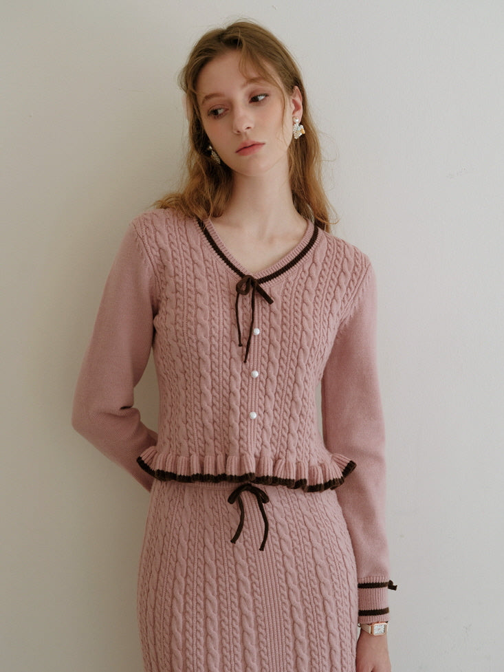 Ribbon Trim Pink Cable Knit Skirt