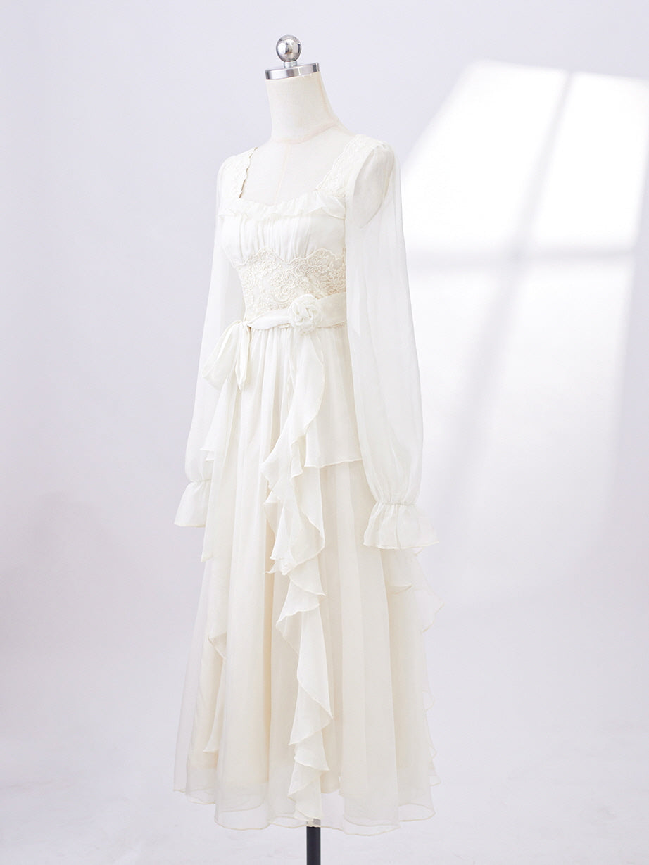 Vintage Ivory Chiffon Ruffle Dress
