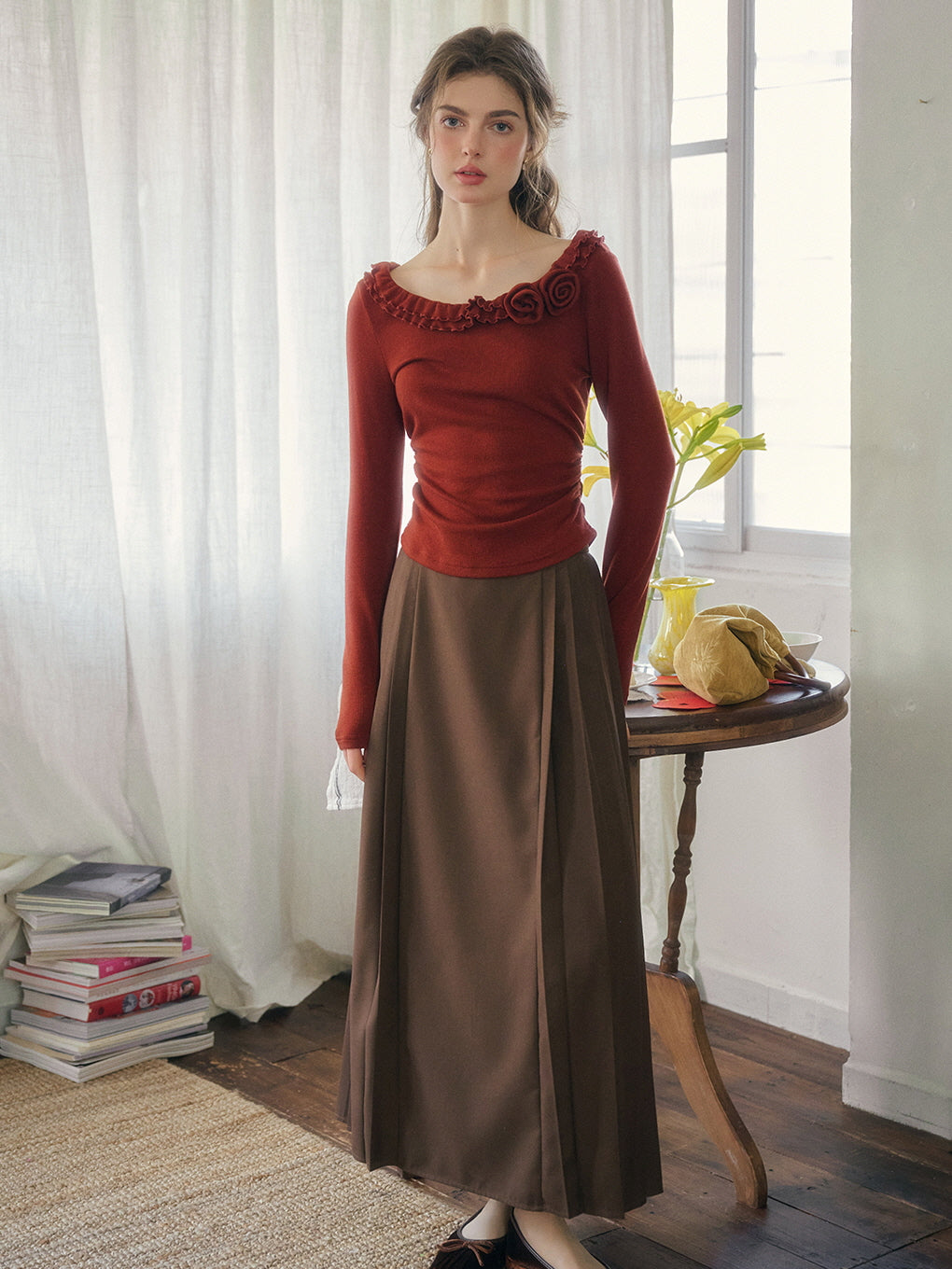 Rosette Ruffle Knit Top