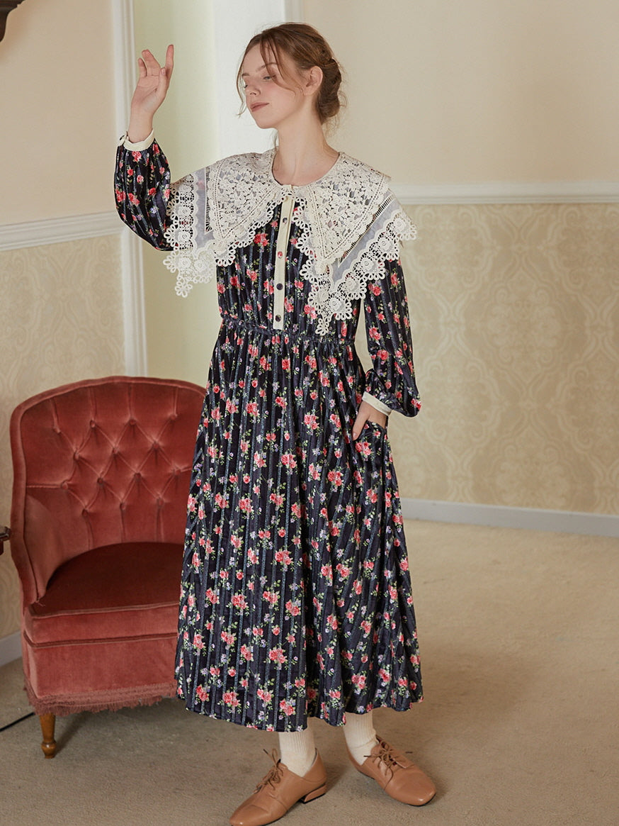 Velvet Rose Lace Collar Cottagecore Dress