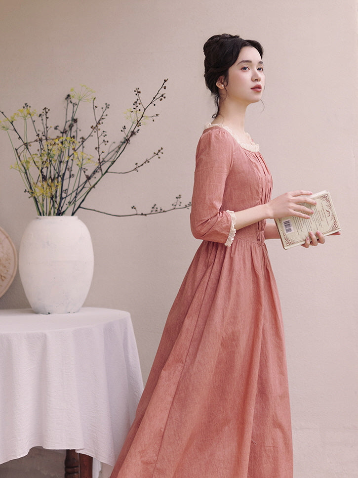 Retro Lace-Trimmed Cotton Dress