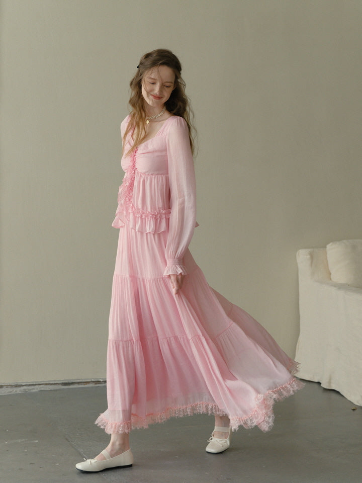 Rosy Frill Long Sleeve Top & Tiered Lace Skirt